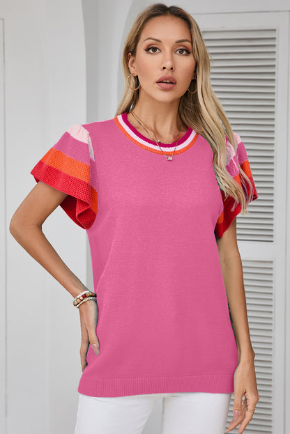 Contrast Flutter Sleeves Knitted Sweater T Shirt | Bright Pink