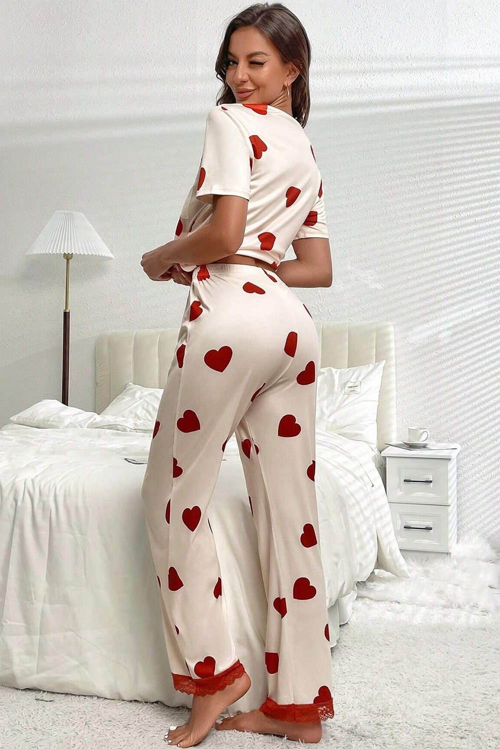 Valentines Heart Print Lace Hem Tee Pants Pajama Set | White