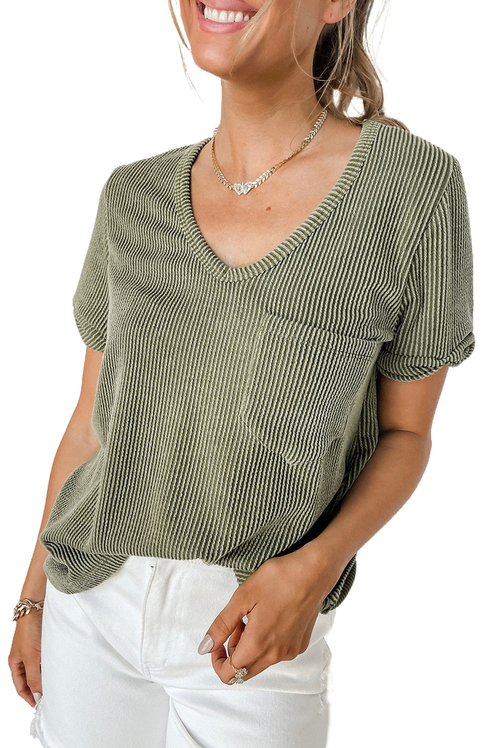 Twist Short Sleeve Corded V Neck Top | Laurel Green