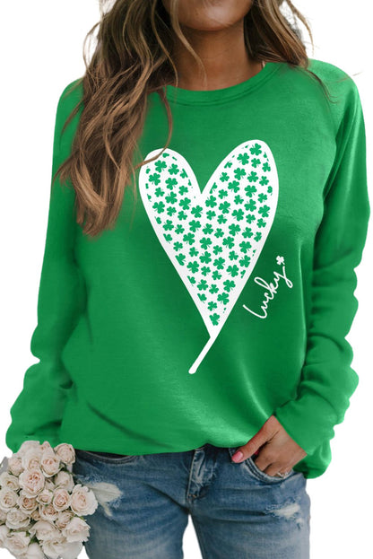 Lucky Clover Heart Graphic Raglan Sleeve Sweatshirt | Green