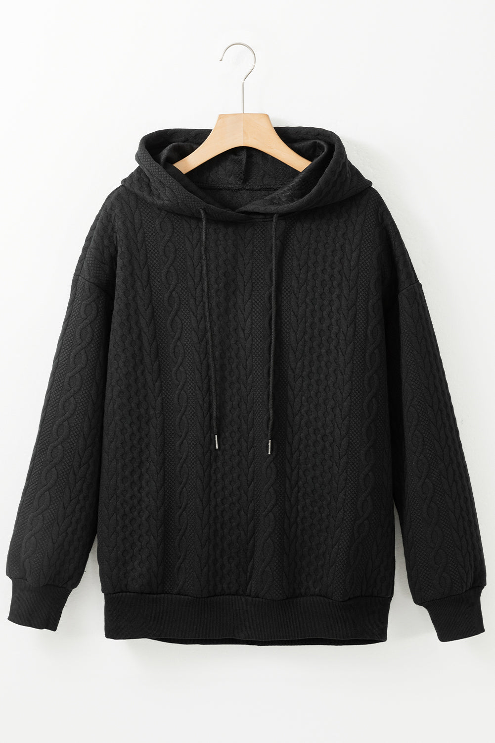 Cable Textured Casual Drawstring Hoodie | Black