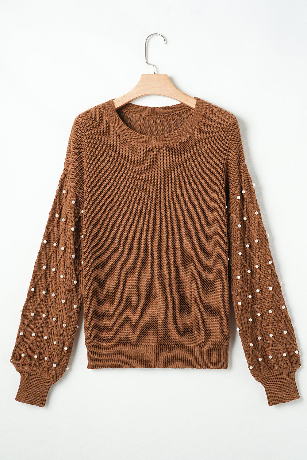 Beaded Drop Shoulder Round Neck Sweater | Chestnut