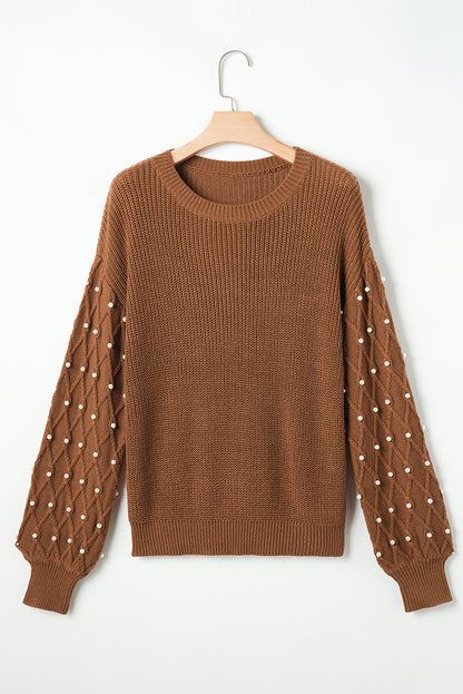 Beaded Drop Shoulder Round Neck Sweater | Chestnut