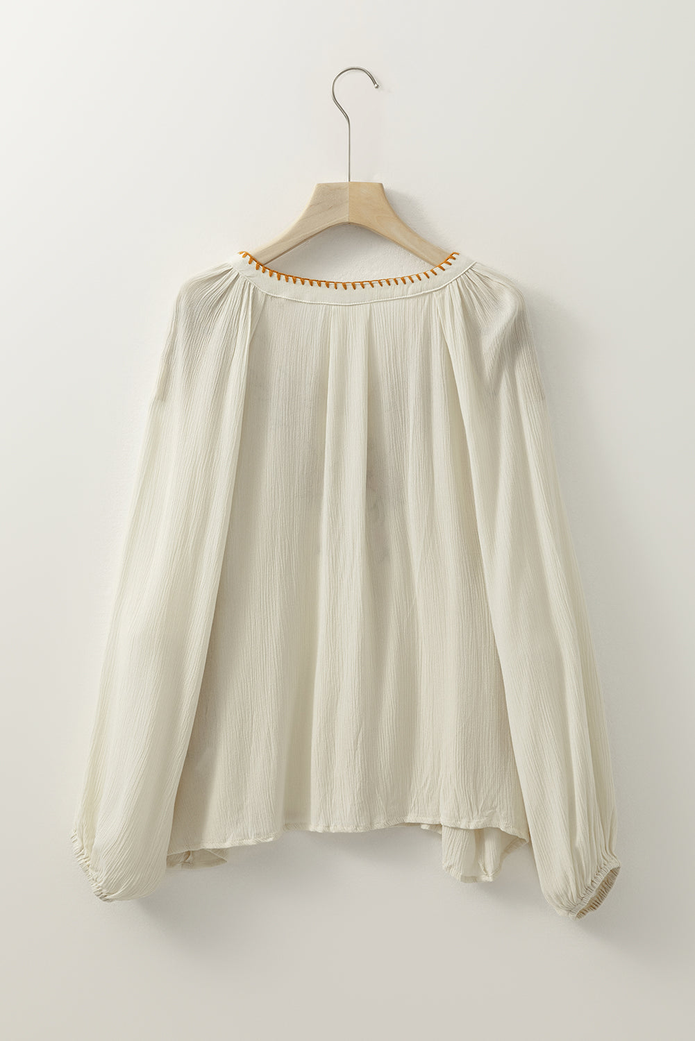 Floral Embroidered Textured Puff Sleeve Loose Shirt | Beige