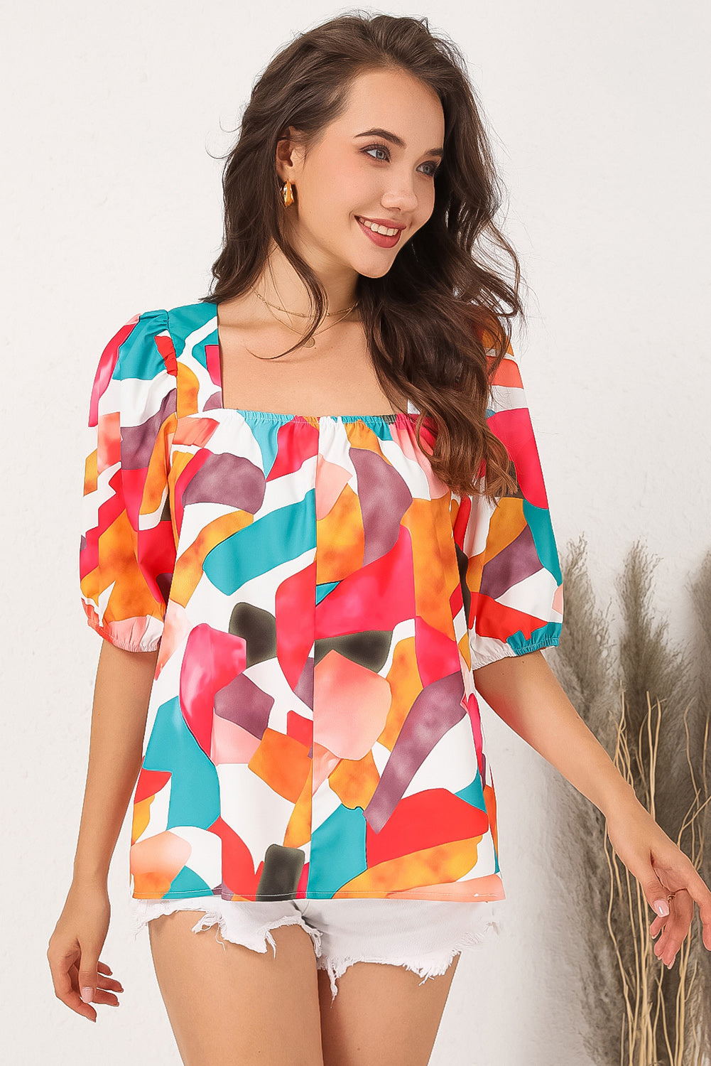 Square Neck Abstract Print Short Sleeve Blouse | Multicolour