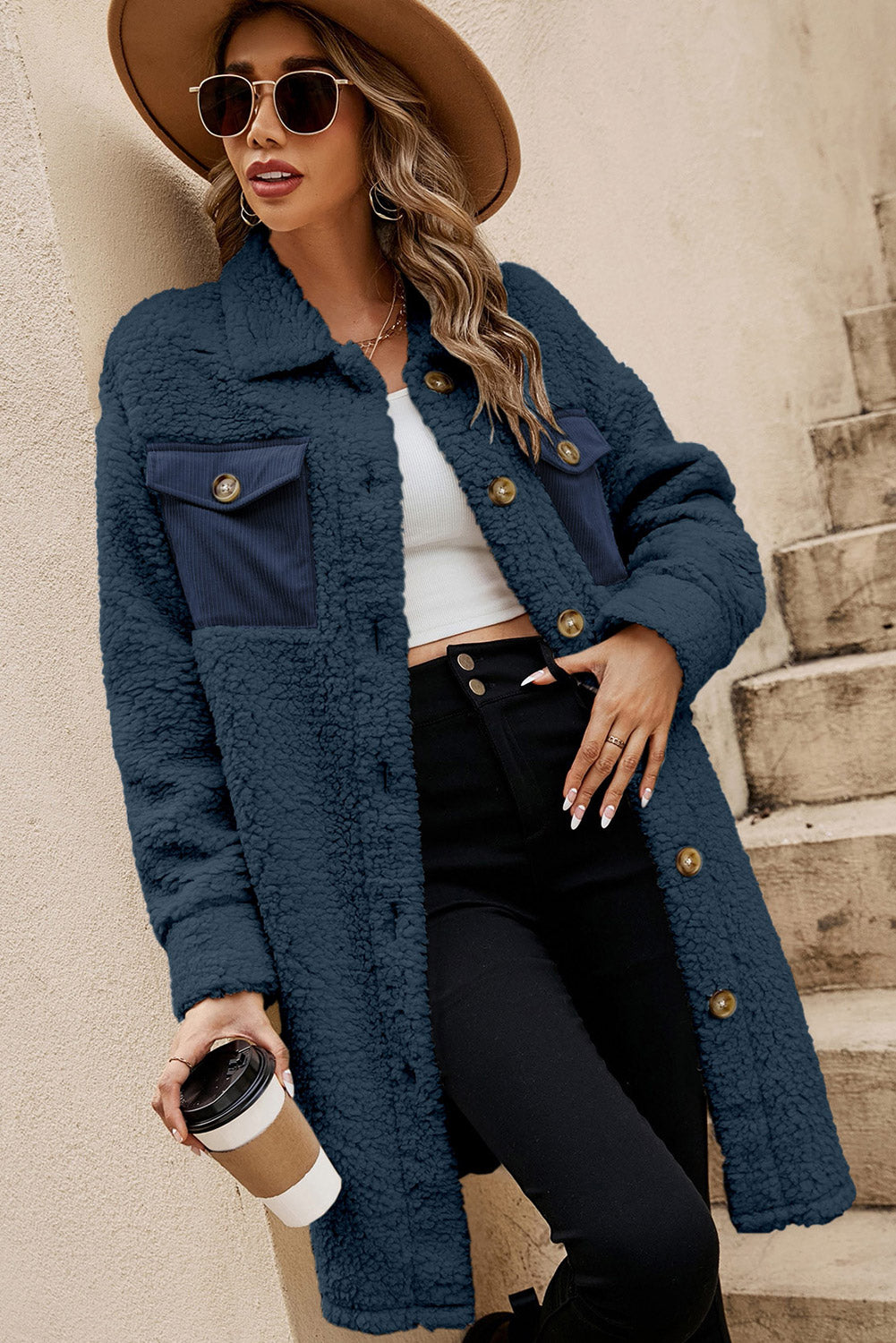 Contrast Flap Pocket Single Breasted Teddy Coat | Blue