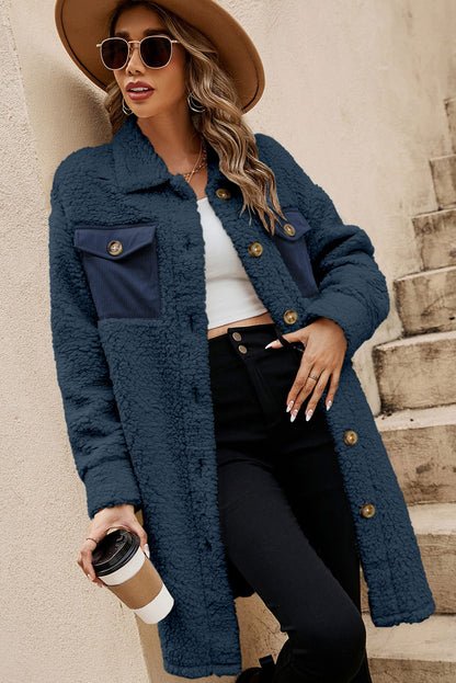 Contrast Flap Pocket Single Breasted Teddy Coat | Blue