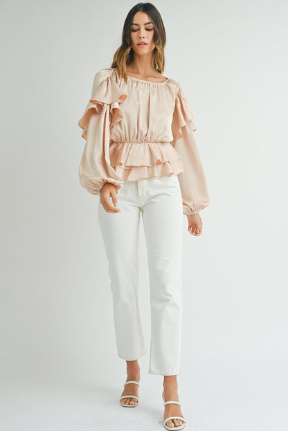 Lace-Up Keyhole Back Ruffled Peplum Blouse | Oatmeal