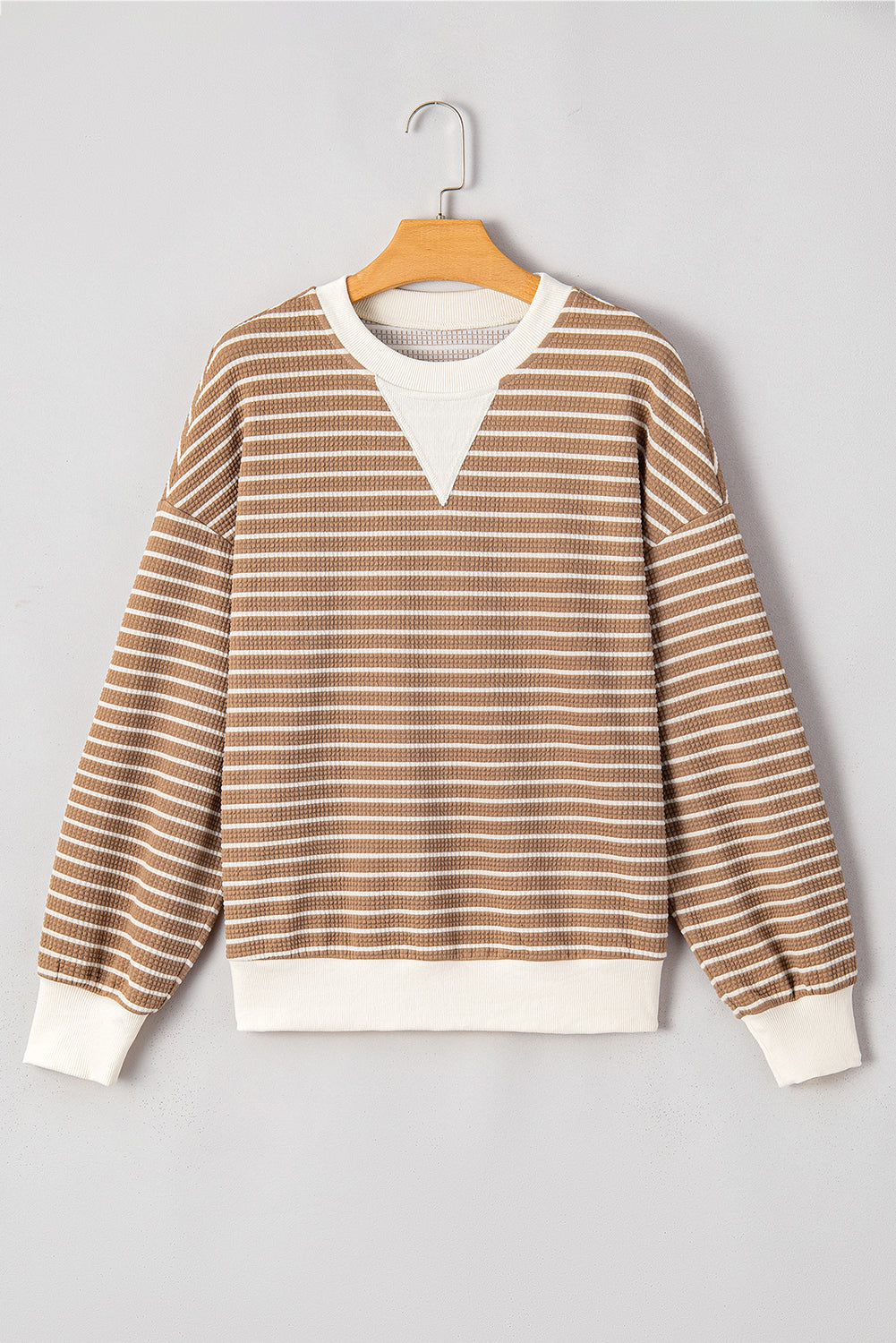 Patched Edge Textured Round Neck Long Sleeve Top | Khaki Stripe