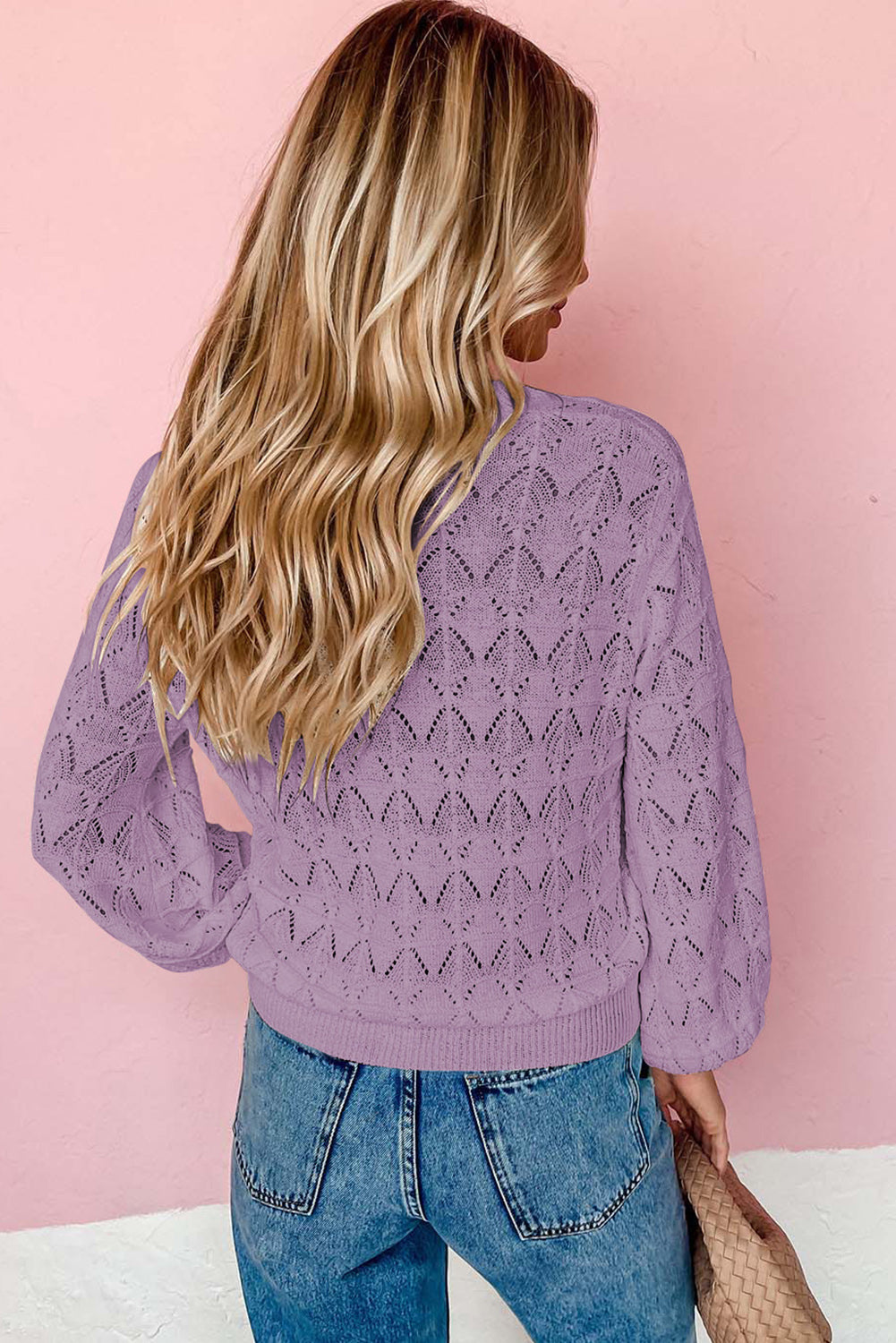 Lightweight Buttoned Front Crochet Cardigan | Purple