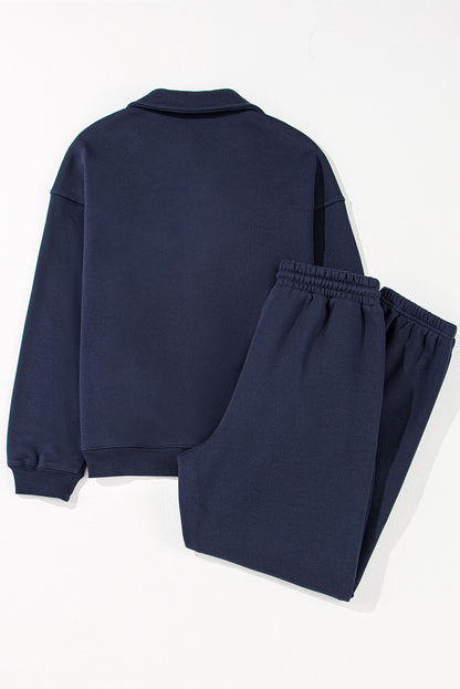 Fold Down Collar Pullover And Joggers Tracksuit | Navy Blue