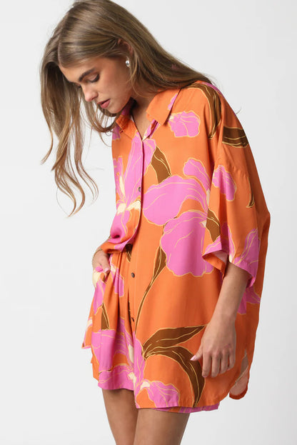 Floral Print Tunic Shirt And Shorts Set | Russet Orange