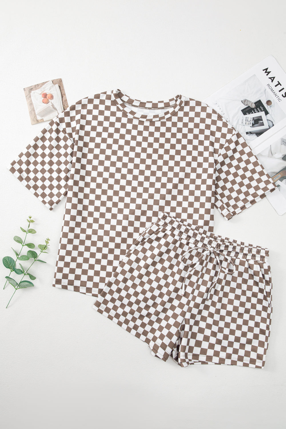 Checkered Top And Short Casual 2 Piece Set | Brown