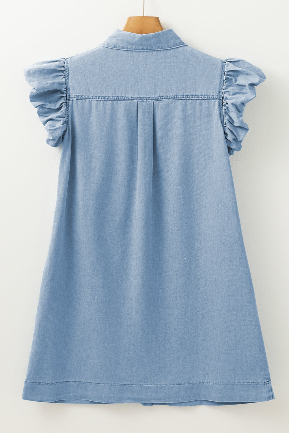 Flutter Sleeve Shirred Detail Button Up Denim Mini Dress | Beau Blue