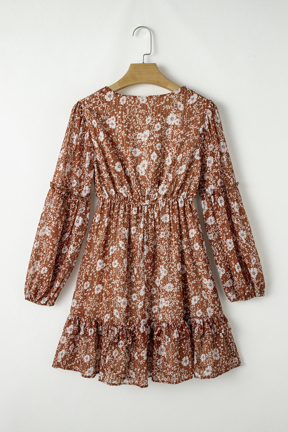 Boho Floral Ruffled Puff Sleeve V Neck Mini Dress | Brown