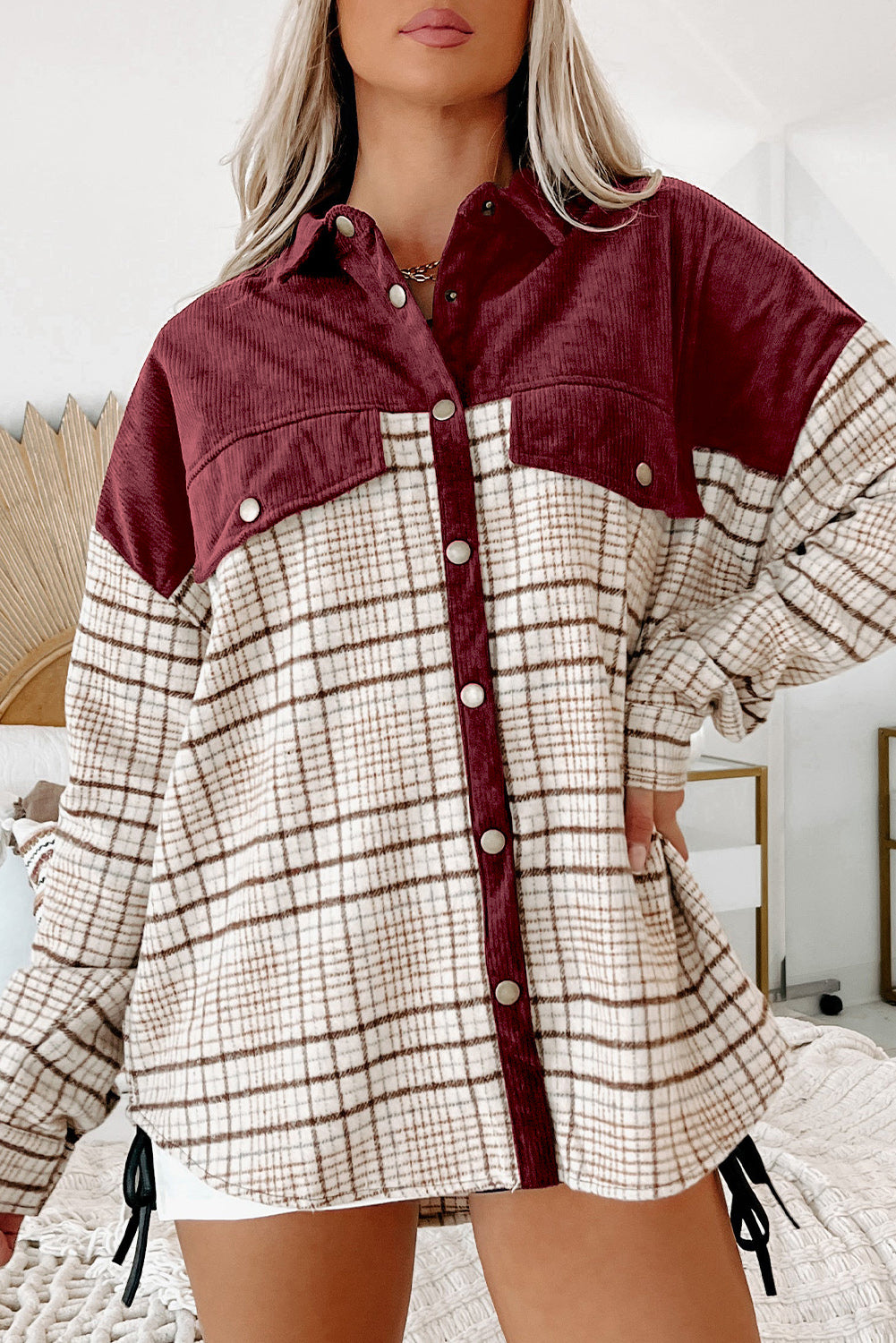 Fiery  Plaid Patchwork Button-Up Shift Shirt Jacket | Red