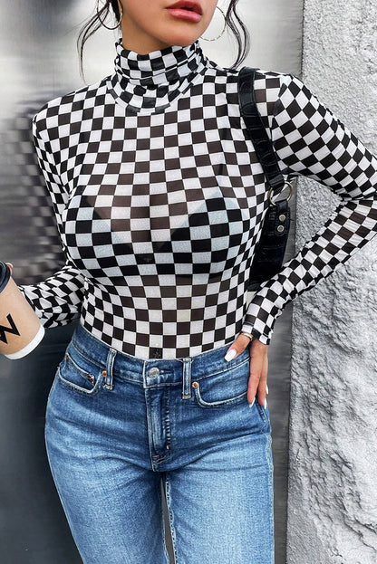 Checkered Printed Long Sleeve High Neck Bodysuit | Black