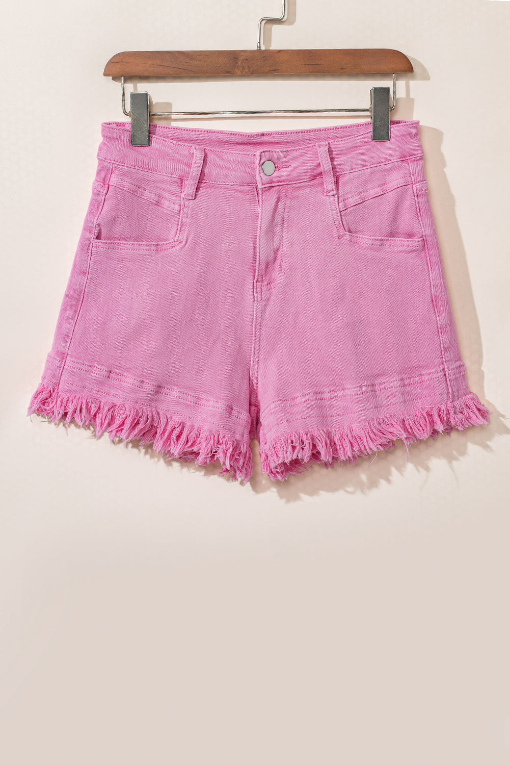 Frayed Edge Mid Rise Denim Shorts | Pink