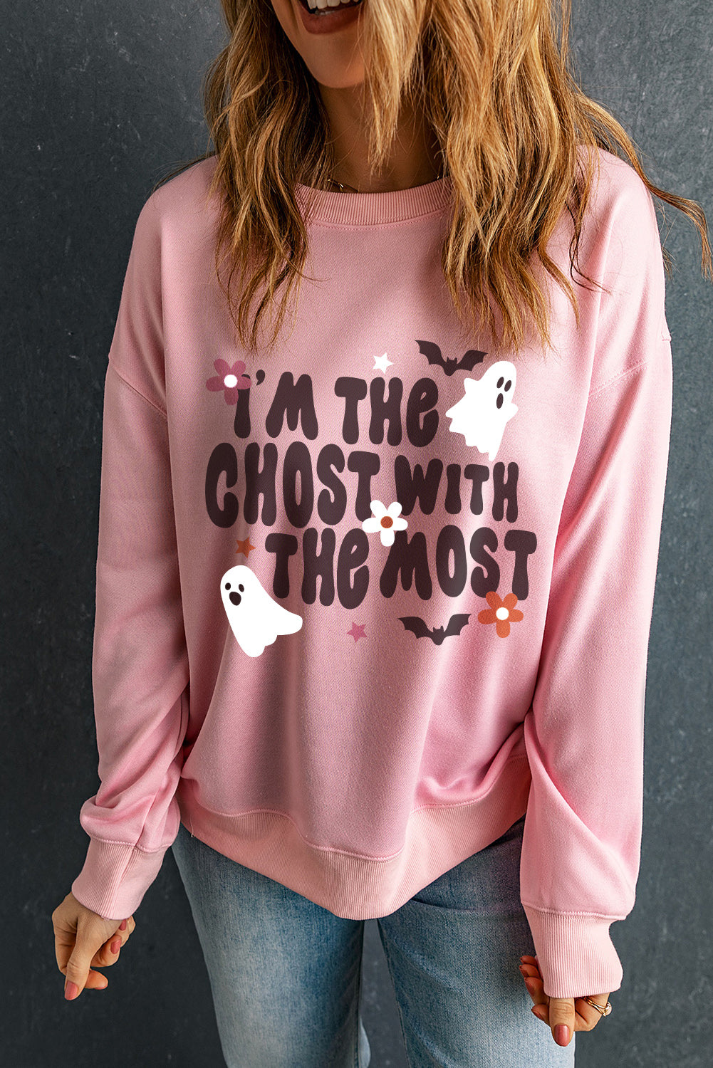 Halloween Slogan Ghost Bat Graphic Drop Shoulder Sweatshirt | Pink