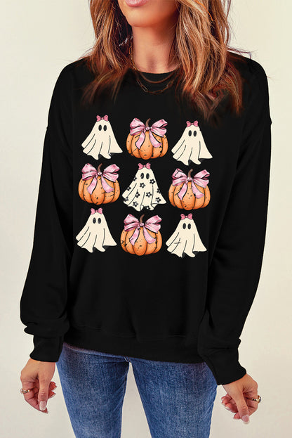 Halloween Bowknot Ghost Pumpkin Graphic Crewneck Sweatshirt | Black