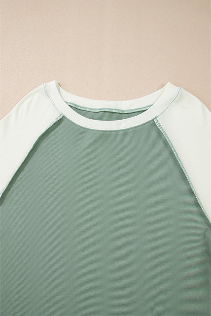 Ribbed Colourblock Patchwork Raglan Long Sleeve Top | Mint Green