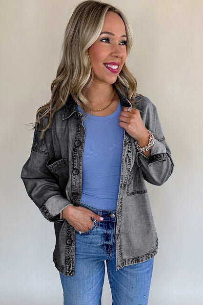 Mineral Wash Patched Pocket Split Denim Jacket | Medium Grey