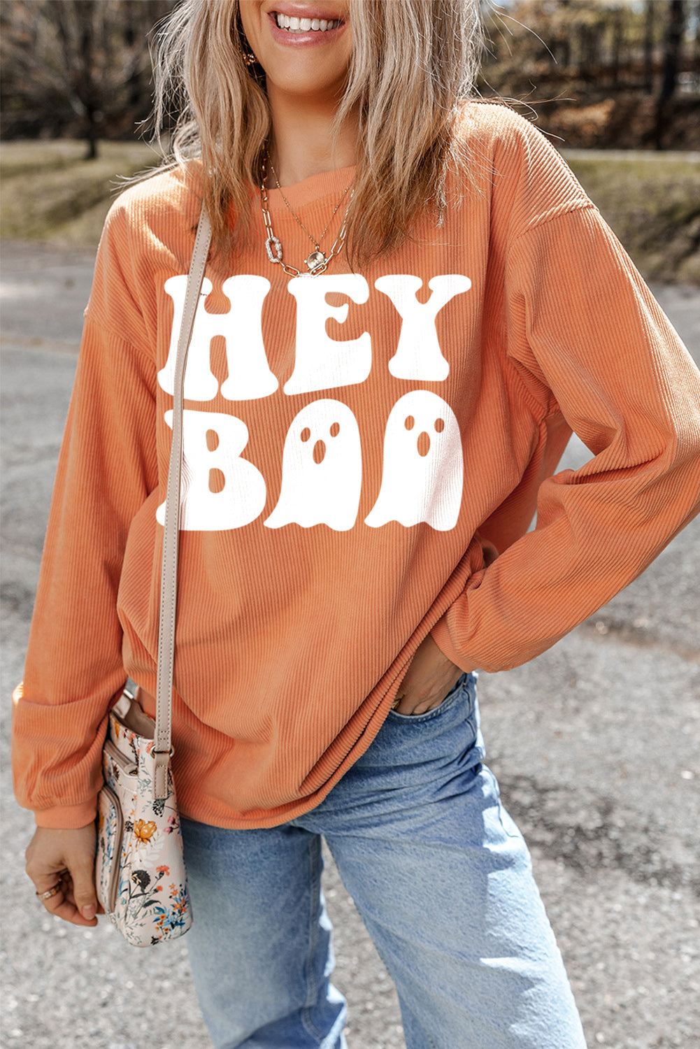 Halloween Hey Boo Ghost Print Loose Sweatshirt | Orange