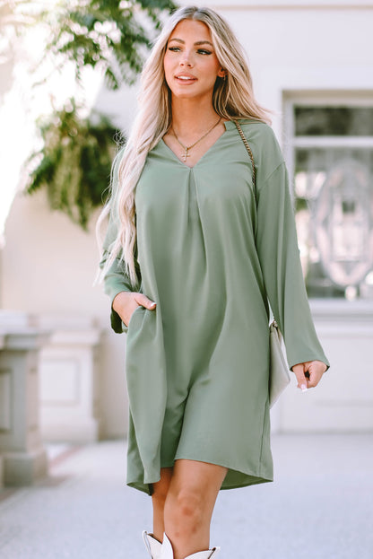 Roll-Tab Sleeve Flowy Casual Dress | Green