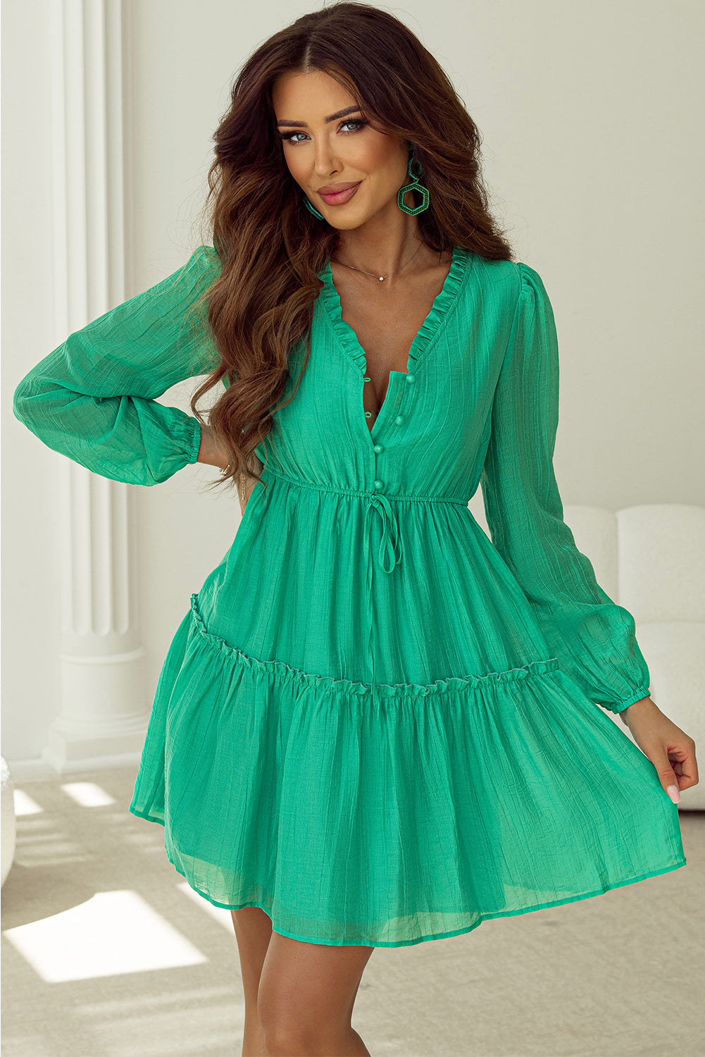 Frilly V Neck Puff Sleeve Drawstring Shift Mini Dress | Sea Green