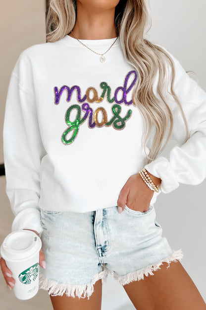 Sequined Mardi Gras Graphic Crew Neck Drop Shoulder Sweatshirt | White