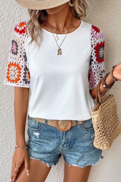 Floral Crochet Short Sleeve Top | White