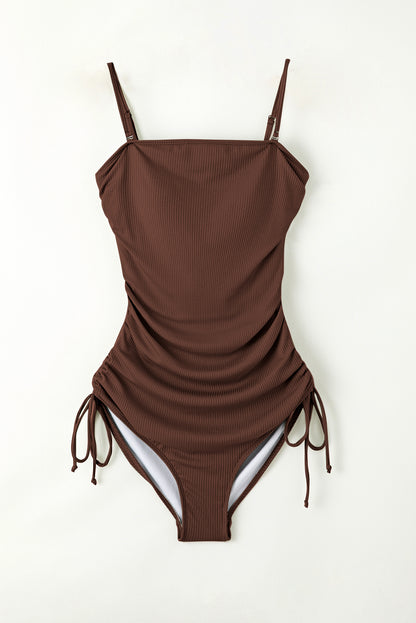 Ribbed Drawstring Sides Cutout One Piece Swimsuit | Coffee