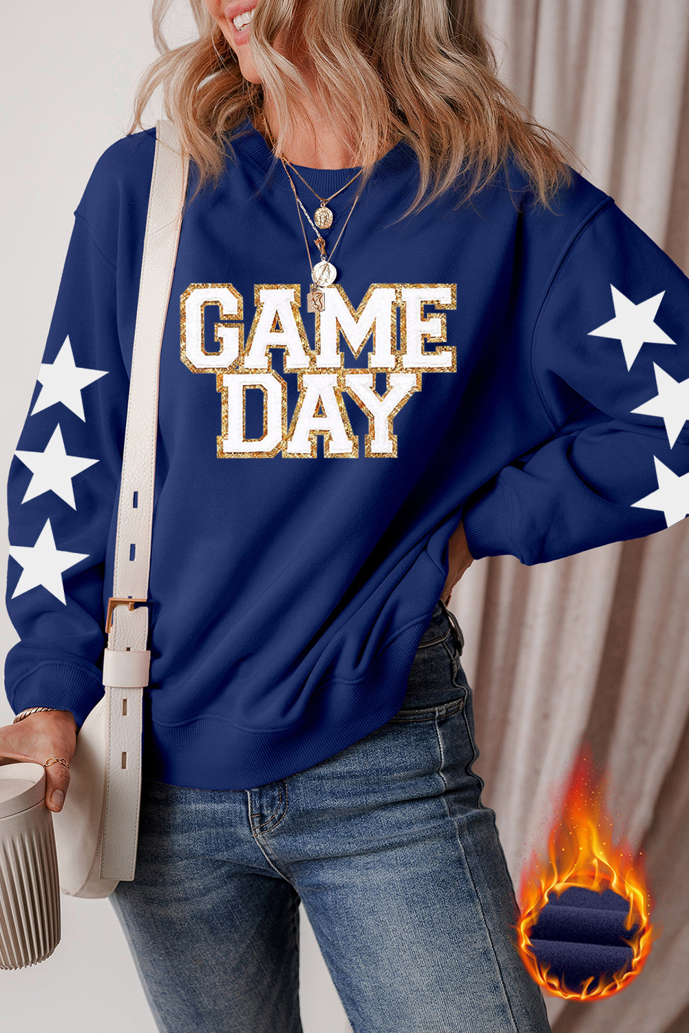 Game Day Printed Star Sleeve Crewneck Pullover Sweatshirt | Navy Blue