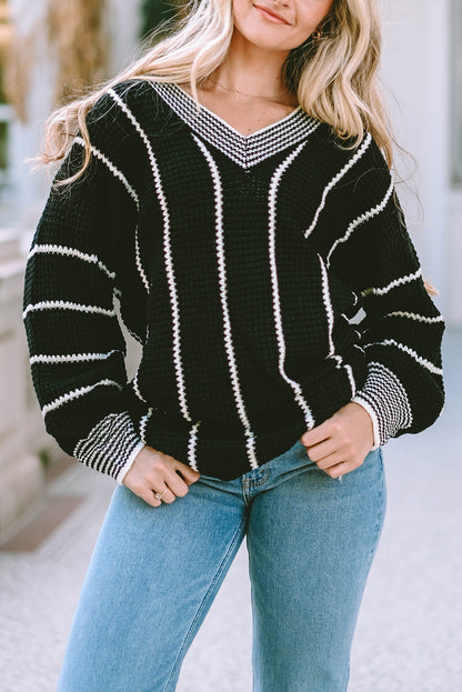 Colourblock Striped V Neck Knitted Loose Sweater | Black