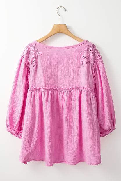 Lace Accent Bracelet Sleeve Babydoll Blouse | Pink