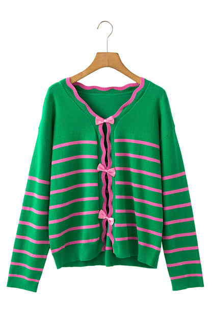 Ribbon Cute Bow Detail Sweater Knit Cardigan | Green Stripe