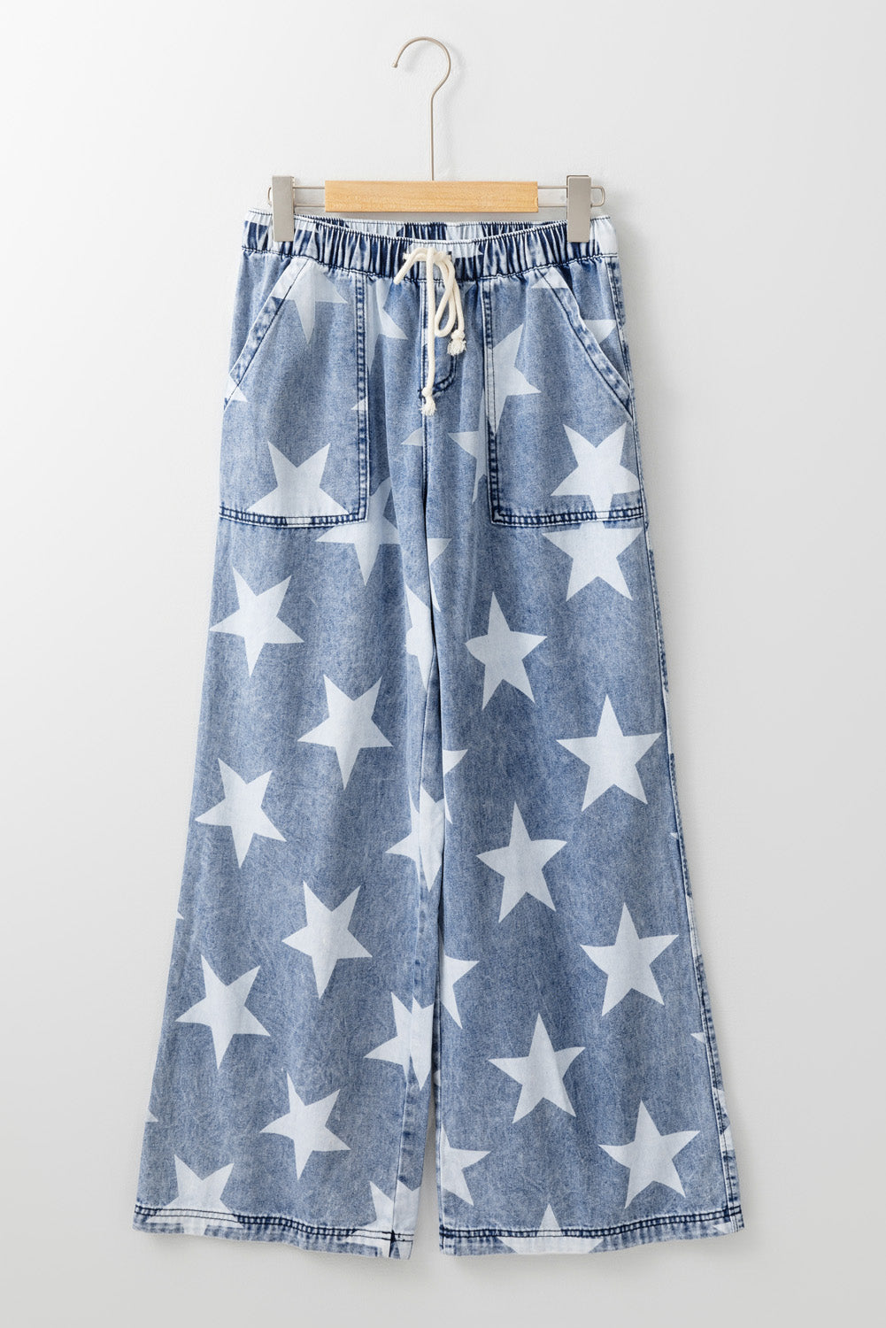 Star Print Light Wash Drawstring High Waist Wide Leg Jeans | Light Blue