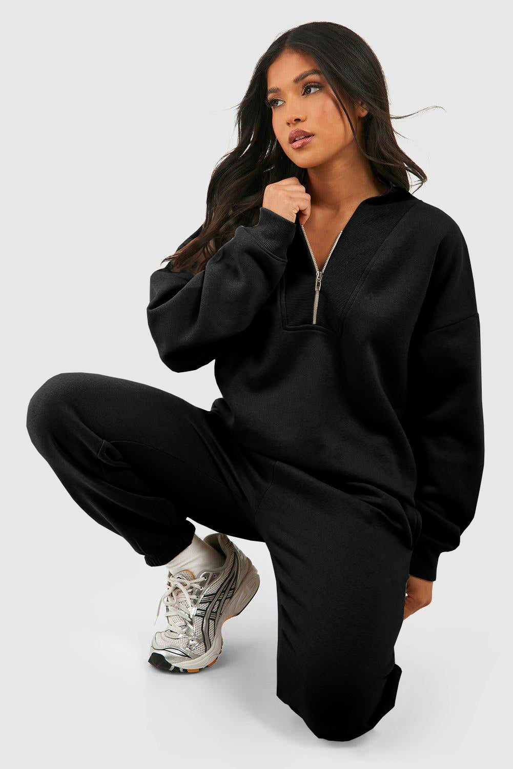 Plain Half Zip V Neck Ribbed Edge Loose Tracksuit | Black