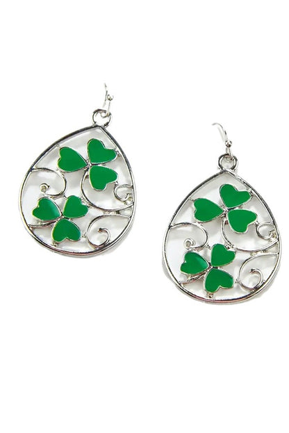 St. Patrick Clover Hollow Out Drop Earrings | Silvery