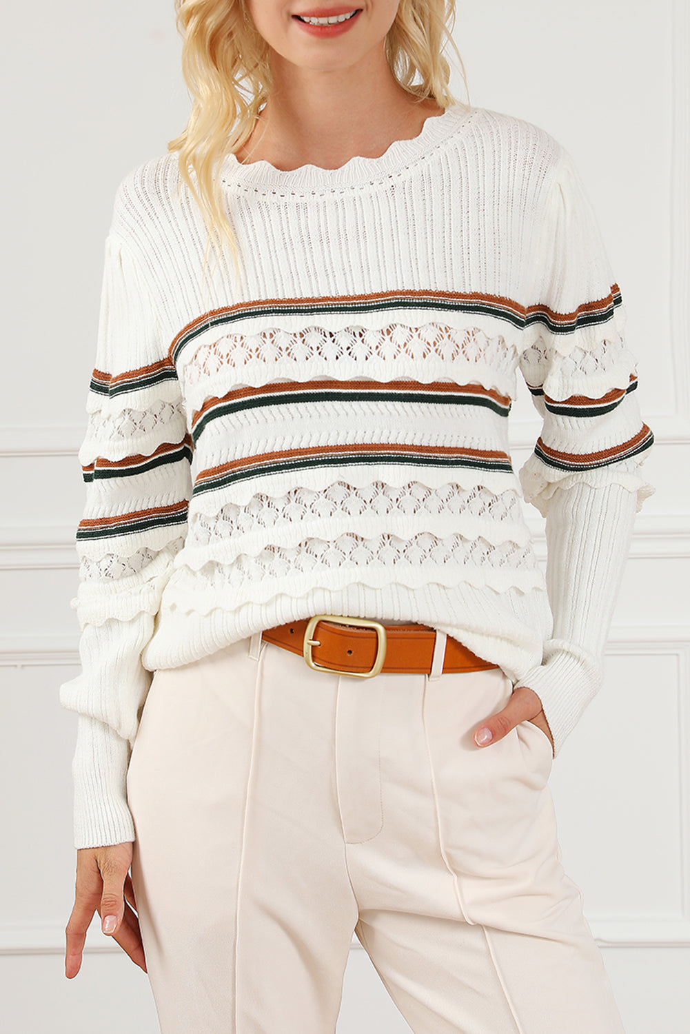 White Striped Ribbed Scalloped Detail Knit Sweater