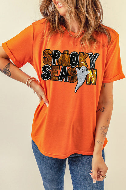 Orange Sequin SPOOKY SEASON Ghost Pattern Halloween T Shirt