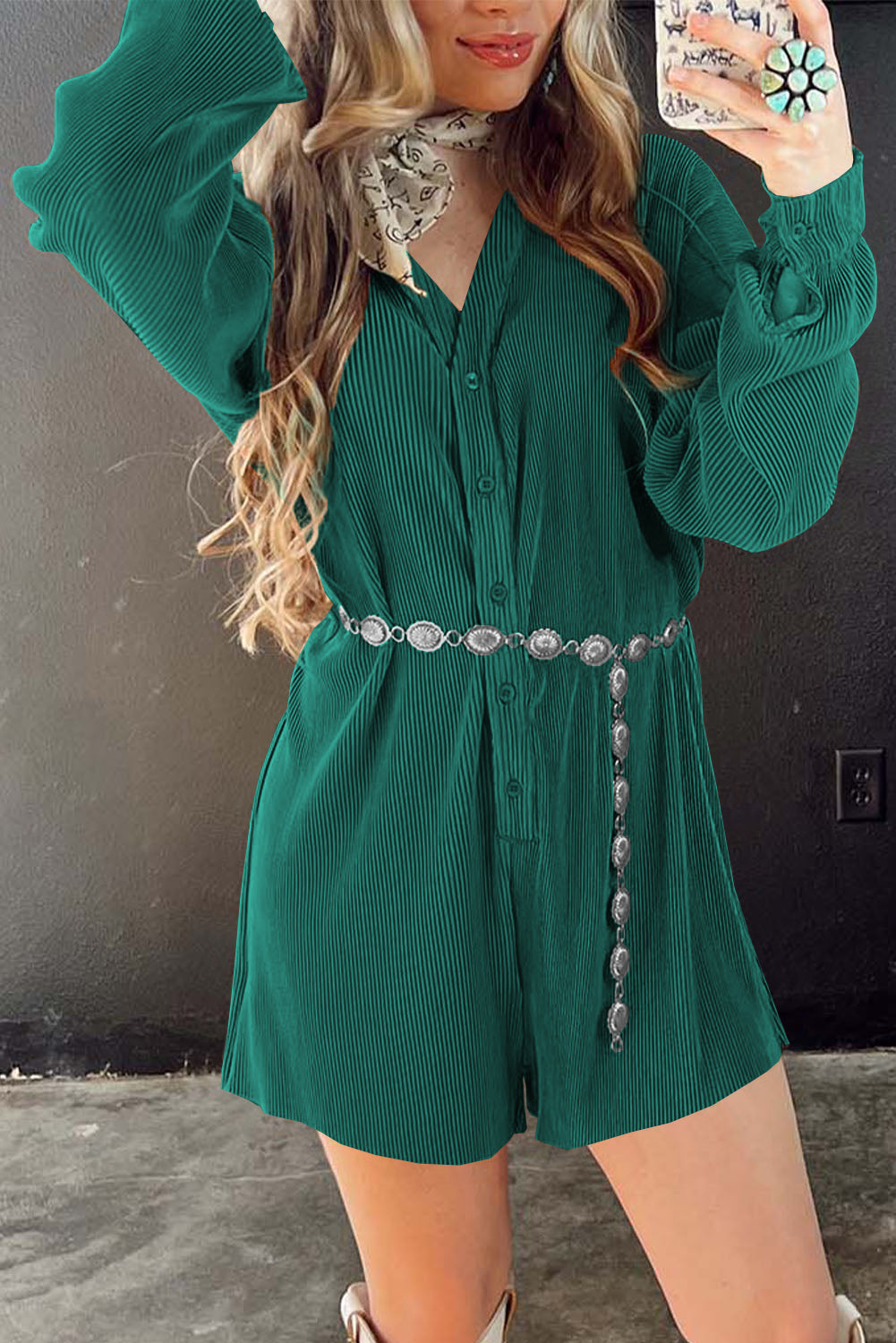 Ribbed Long Sleeve Button Front Romper | Sea Green