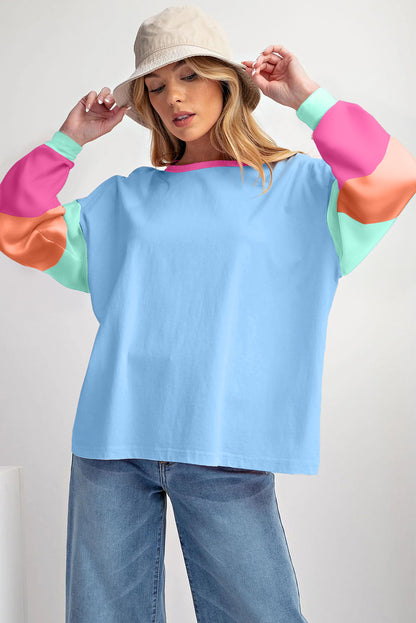 Colourblock Patchwork Long Sleeve Loose Top | Dark Blue