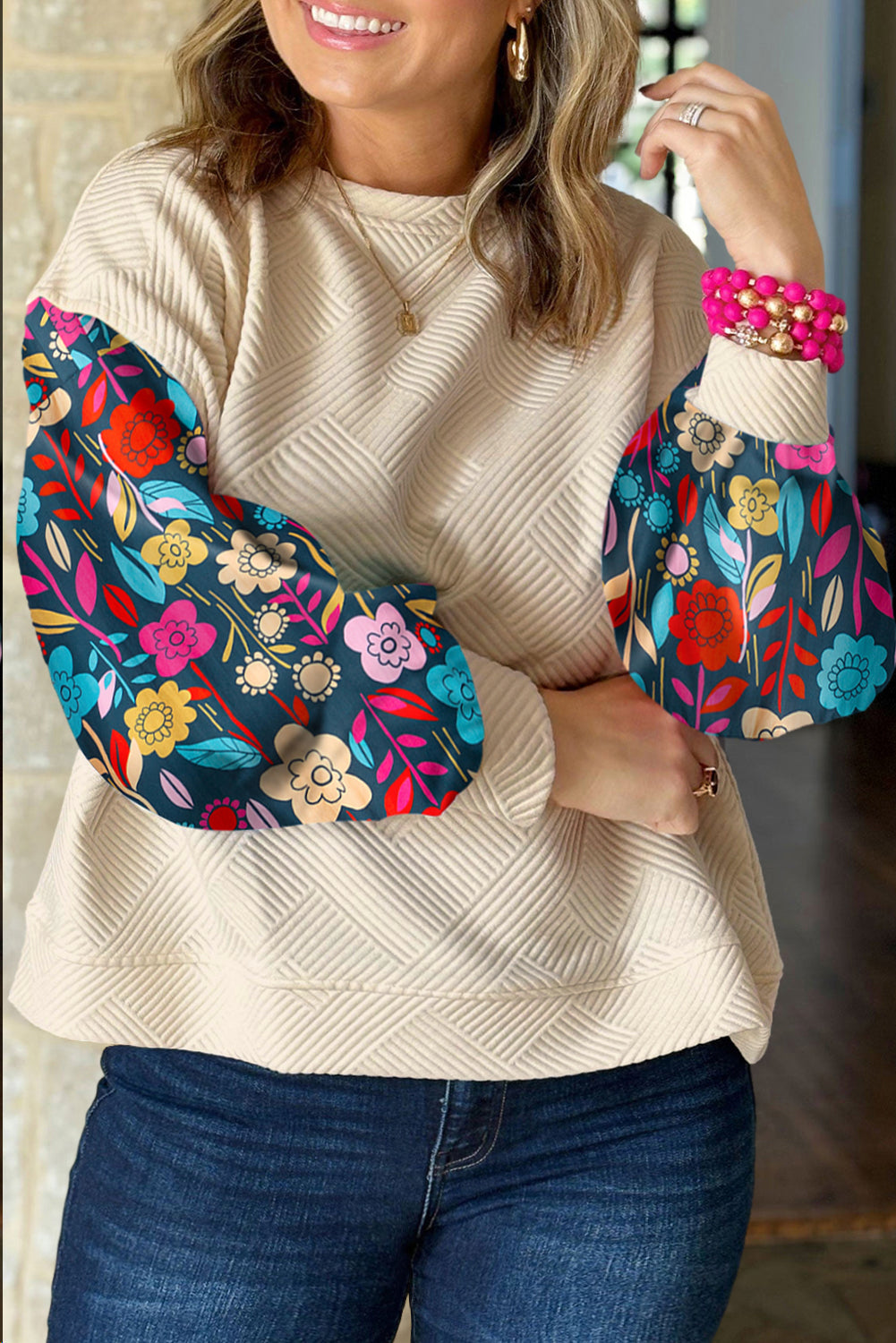 Floral Patchwork Sleeve Textured Plus Size Pullover Top | White