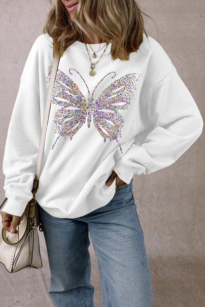 Rhinestone Butterfly Graphic Crewneck Oversized Sweatshirt | White