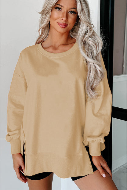 Exposed Seam Drop Shoulder Round Neck Sweatshirt With Slits | Light French Beige