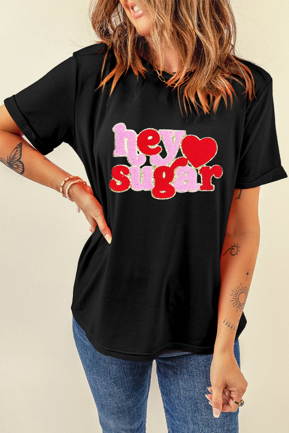 Chenille Heart Hey Sugar Patched Crewneck Valentines Tee | Black