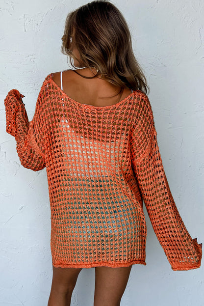 Open Knit Crochet Bell Sleeve Tunic Sweater | Orange