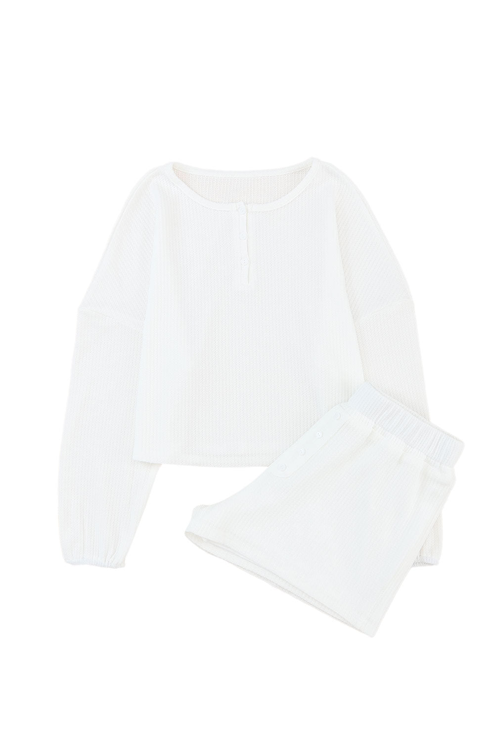 Waffle Knit Buttoned Long Sleeve Crop And Shorts Lounge Set | White