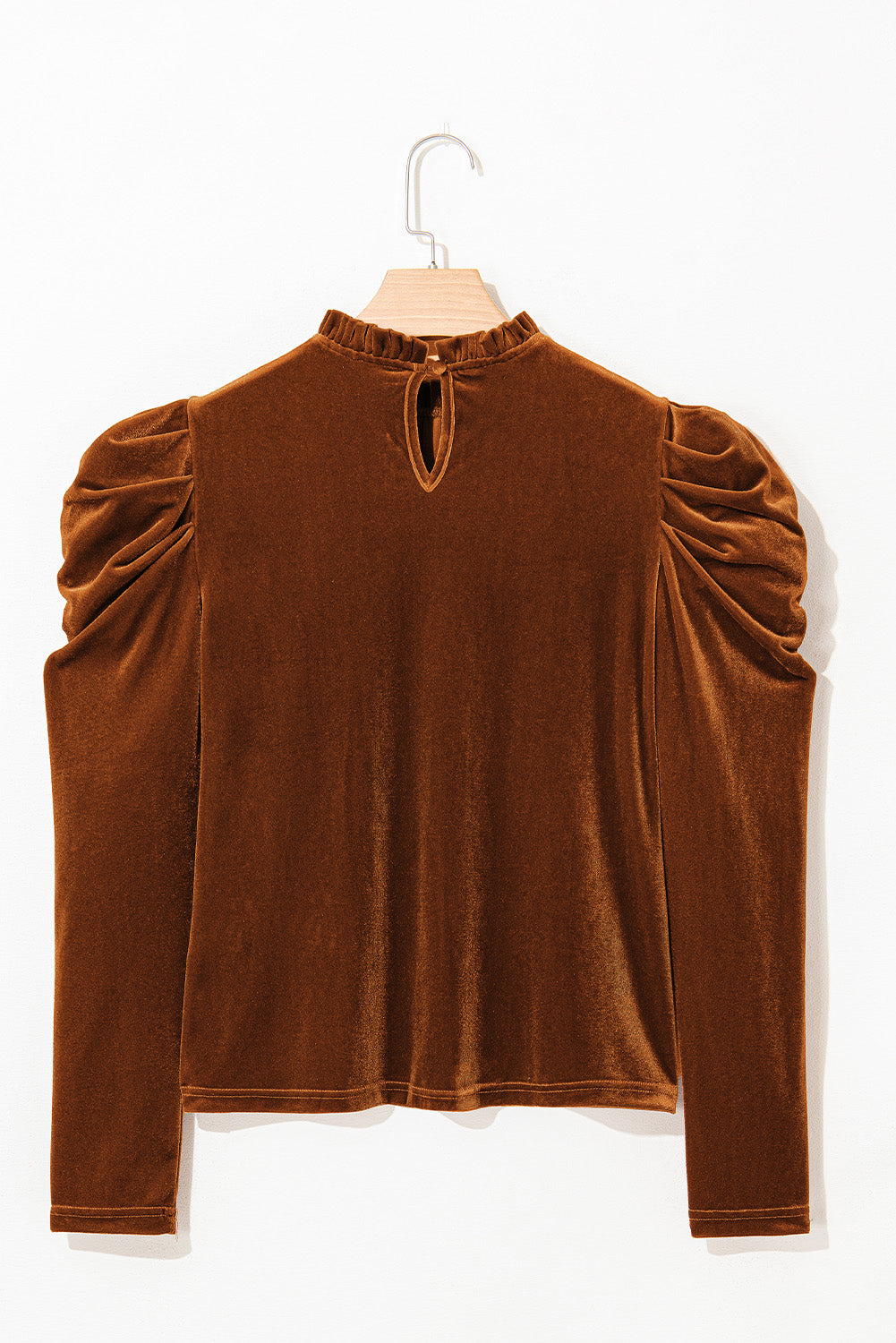 Frilled Collar Puff Sleeve Velvet Top | Chestnut